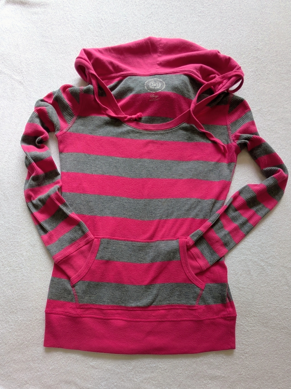 SO Lounge Women's Striped Pullover Hoodie Hooded Pockets Pink Gray S Y2K - Picture 5 of 6